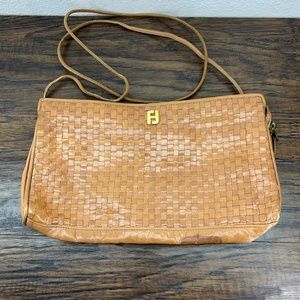Fendi Vintage Cognac Tan Leather Woven Weave Zip Clutch Crossbody Bag